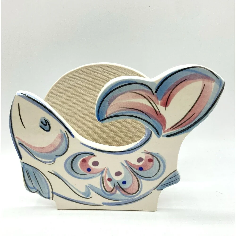 Vtg Hand Painted Ceramic Pastel Fish Napkin Letter Holder Whimsy Kitschy 6